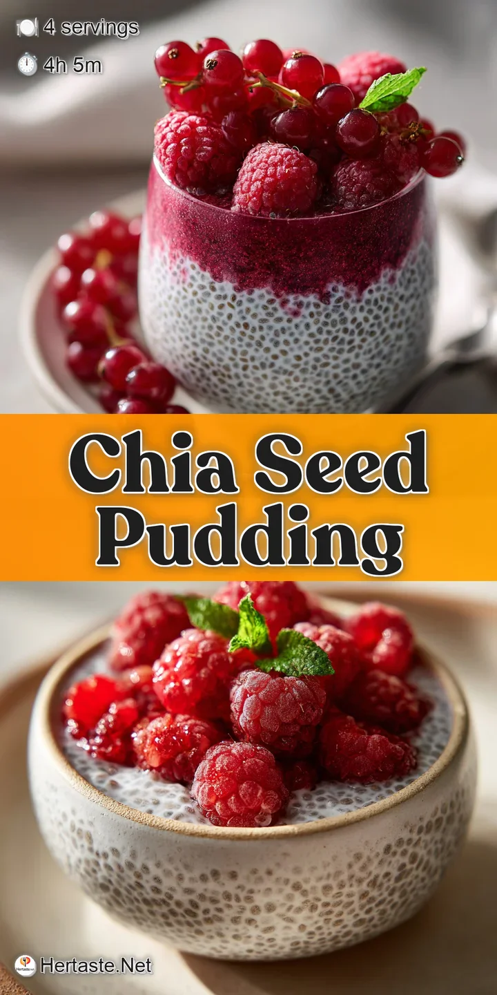 Close-up of plump chia seeds suspended in creamy pudding. Swirls of vibrant berry puree create an inviting, luscious texture.