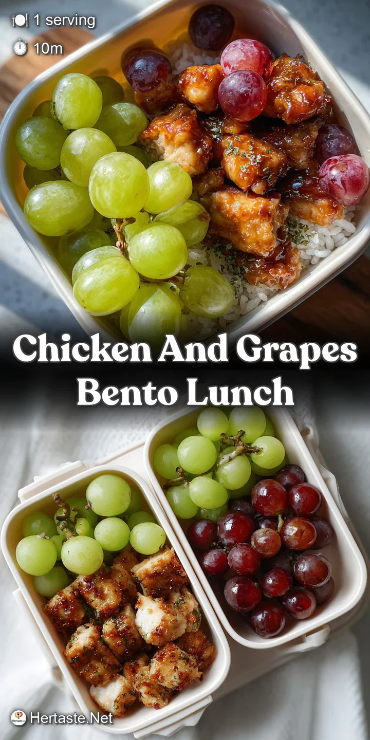 Juicy green grapes contrast with savory chicken chunks on a skewer. A simple, tempting close-up of kid-friendly lunch comp...