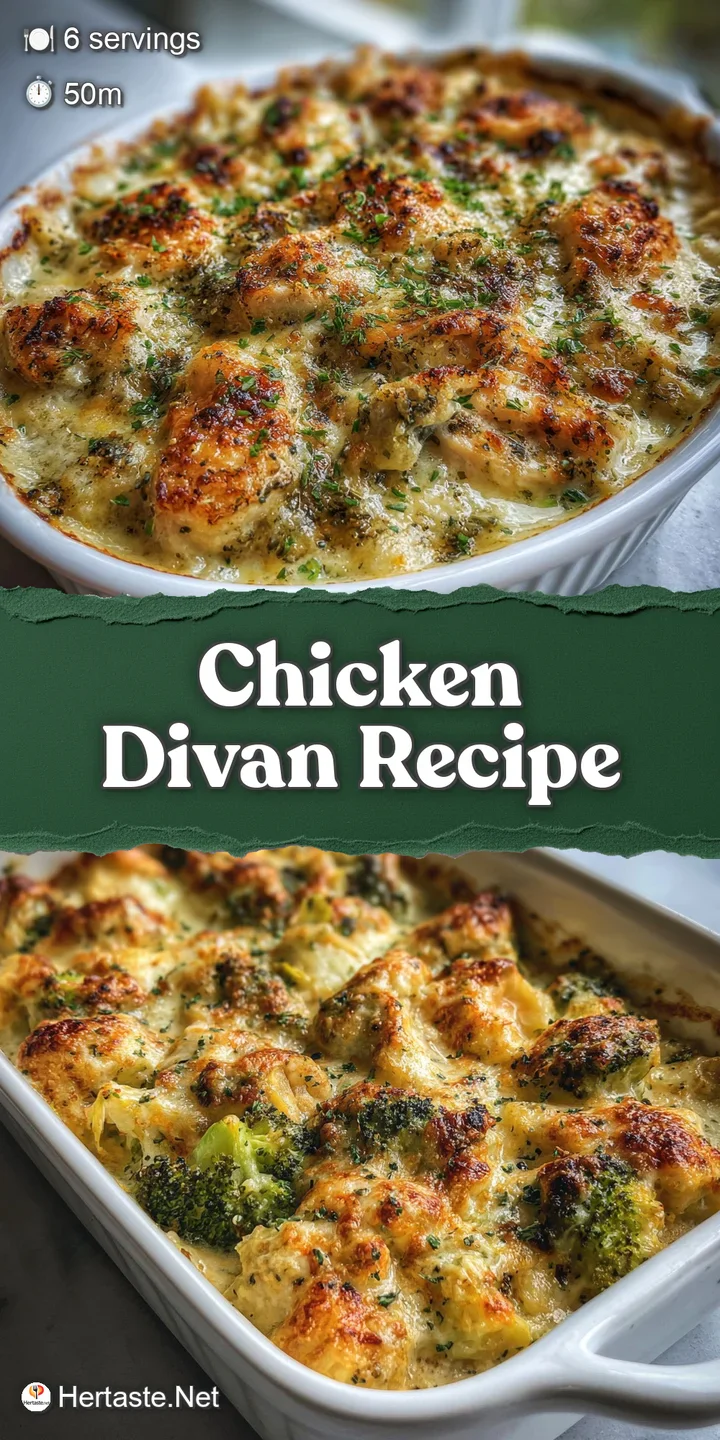 Creamy close-up of chicken divan; melted cheese blankets tender chicken and vibrant green broccoli. Hints of golden-brown ...