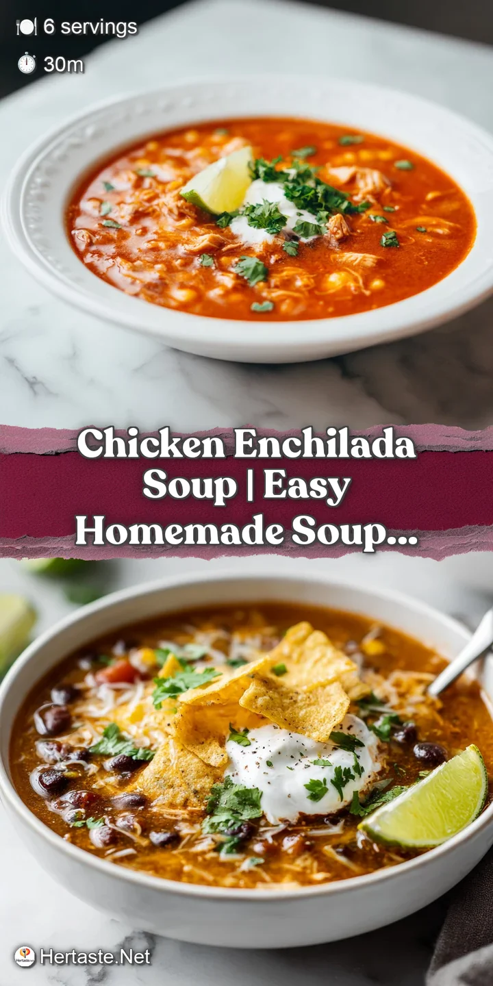 Close-up of velvety chicken enchilada soup, revealing tender chicken shreds and a sprinkle of chili flakes.
