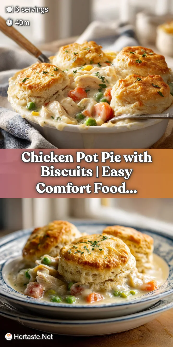 Close-up of a rich, creamy chicken and vegetable filling peeking from under a golden, textured biscuit crust.