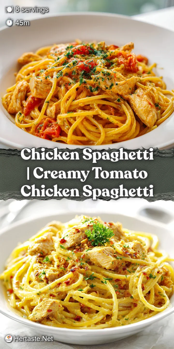 Close-up of glossy, cheesy spaghetti strands with succulent chicken pieces, glistening under warm light.