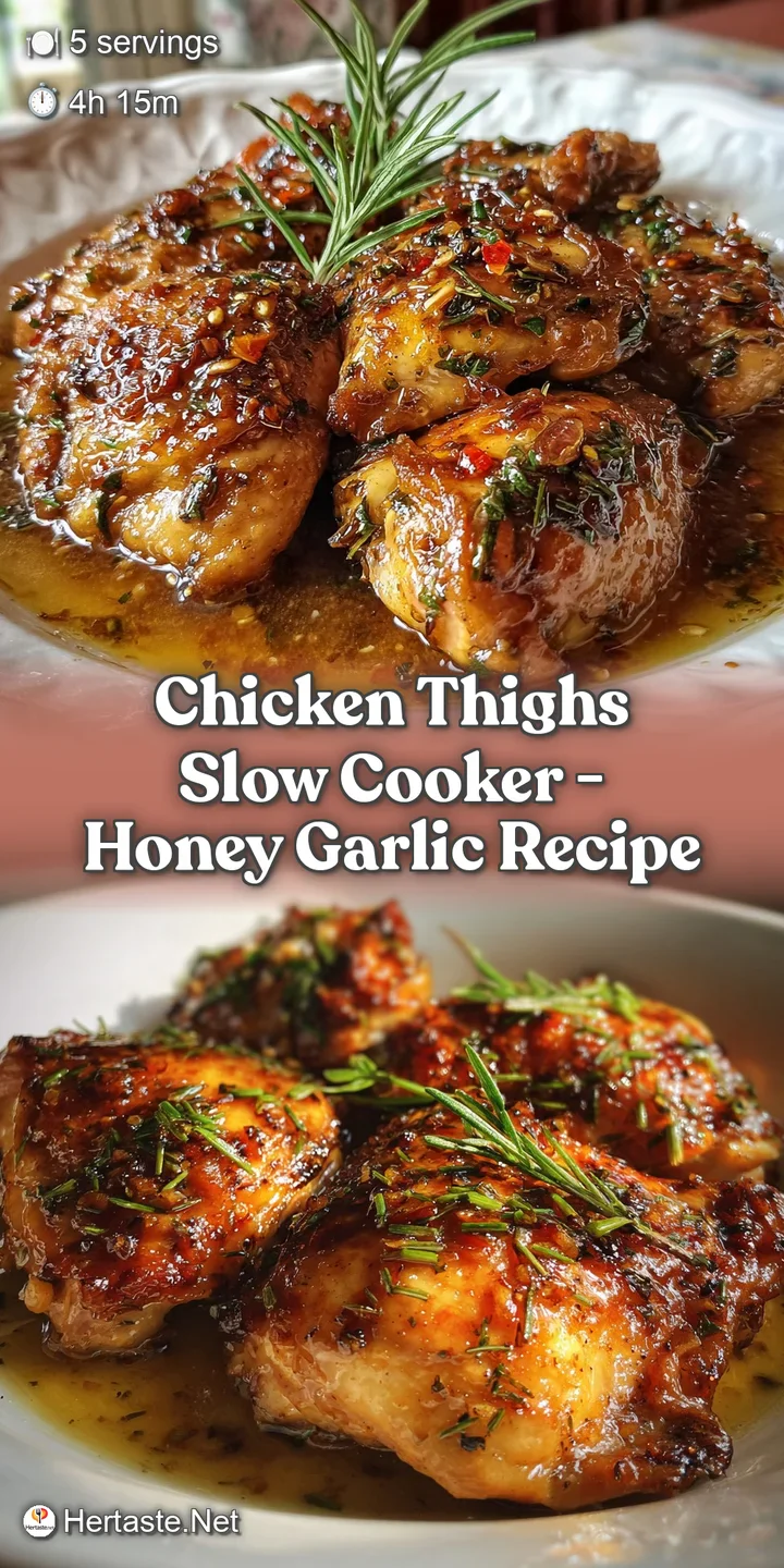 Close-up of a juicy chicken thigh coated in a sticky, amber-colored sauce, glistening with honey and flecks of garlic. So ...