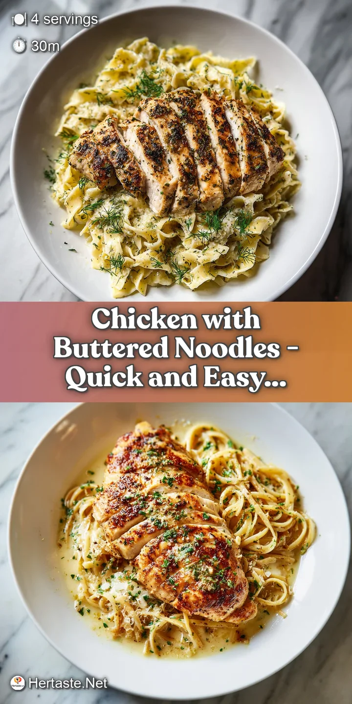 Close-up reveals the rich, buttery sheen on the noodles, perfectly cooked chicken, and vibrant green herbs, an appetizing ...
