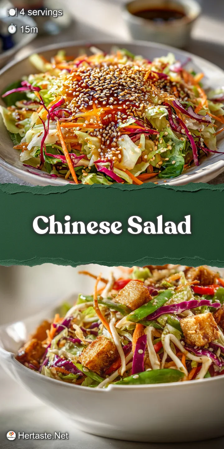 Close-up of a Chinese salad: crisp lettuce, juicy mandarin oranges, toasted sesame seeds, coated in a rich, nutty dressing.