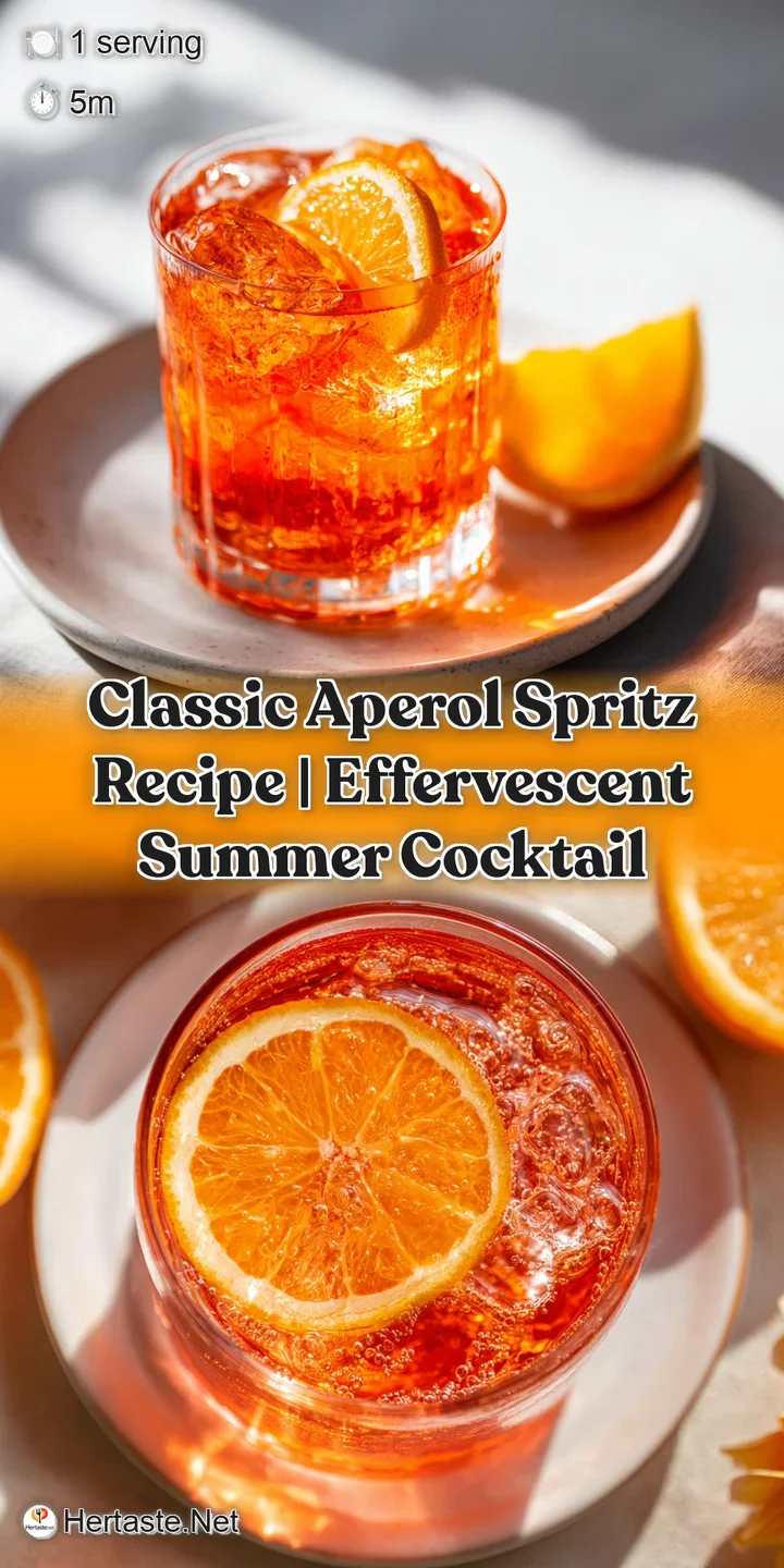 Close-up of an Aperol Spritz; the orange liquid fizzes with bubbles, ice clinks, and a juicy orange slice sits atop a refr...