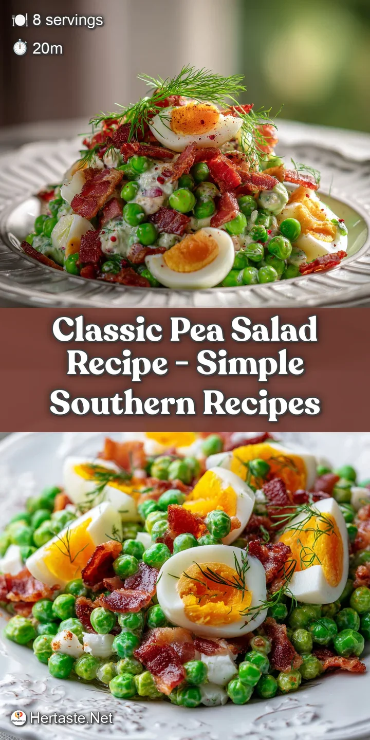 Close-up of glistening pea salad. Creamy dressing clings to each pea, highlighted by the salty bacon and the sharp red oni...