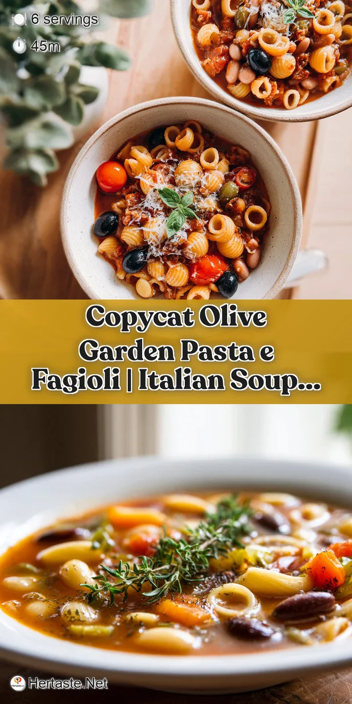 Close-up of tender beans and tubular pasta in a savory, herb-flecked tomato broth.