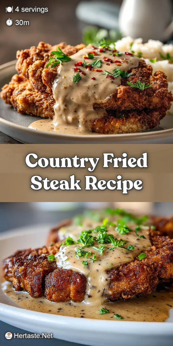 Close-up of a tender country fried steak showcasing its crunchy breading and rich, creamy gravy pooling on top, ready to eat.