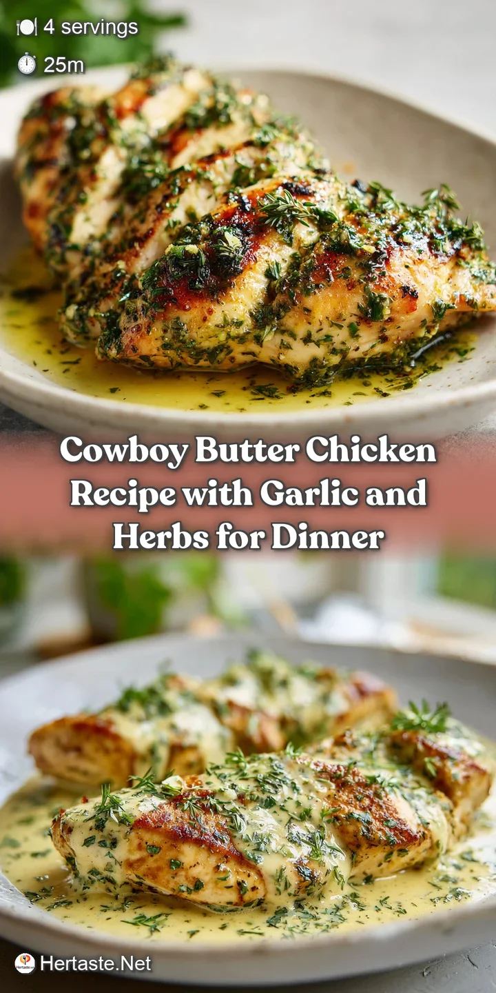 Close-up shot of tender chicken coated in a glossy, fragrant butter sauce, flecked with garlic, herbs, and a hint of red p...