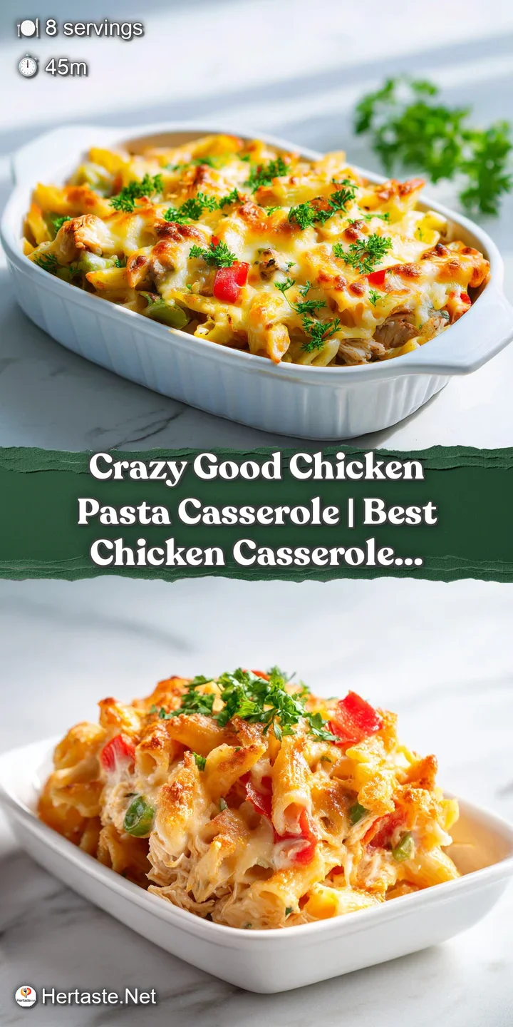 Close-up of a cheesy chicken pasta casserole, showing creamy sauce, tender noodles, and golden crust.