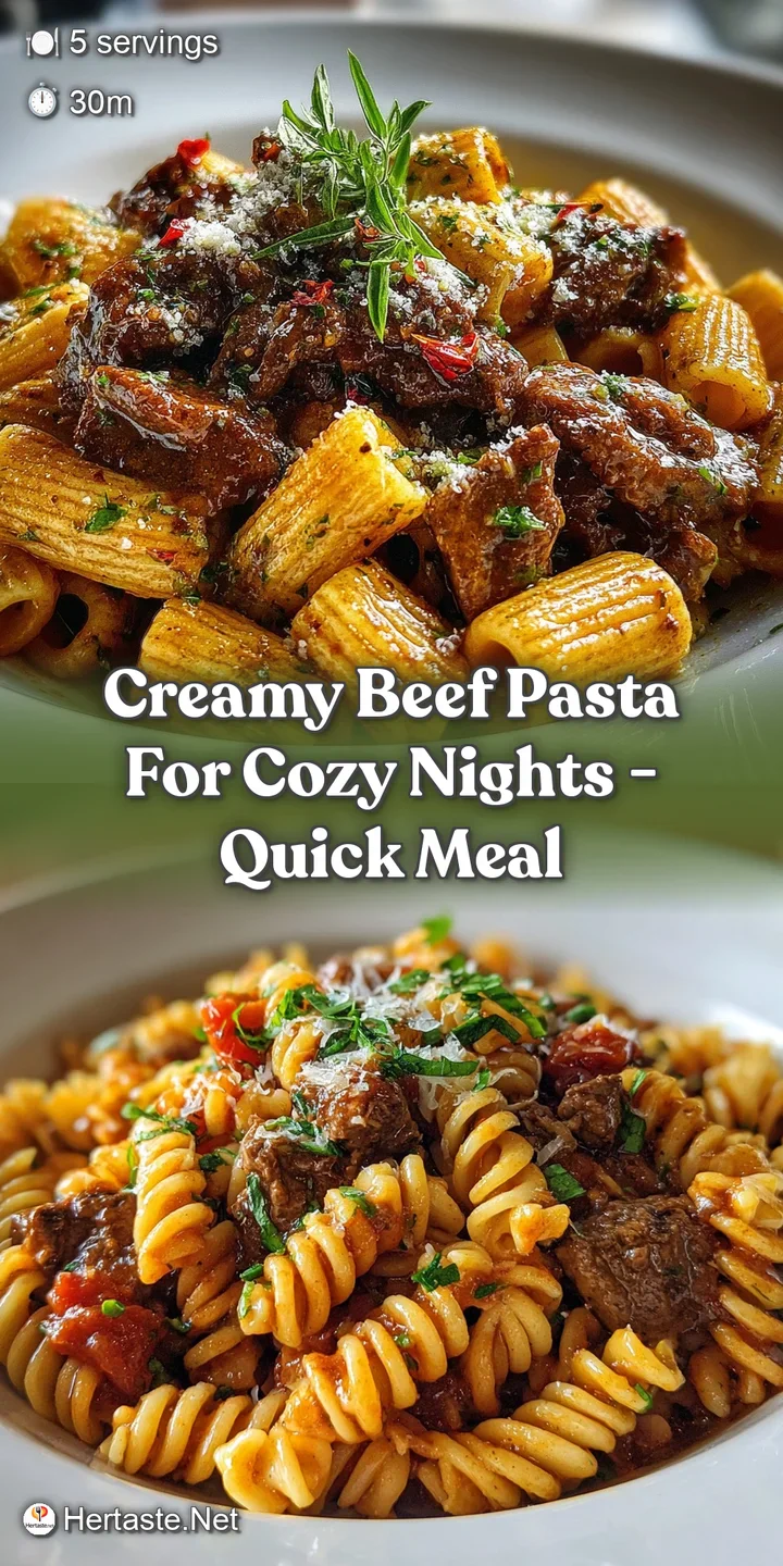 Close-up of beefy pasta, thick sauce clinging to each strand. Steam rises, hinting at warmth and comforting flavors. Garn...