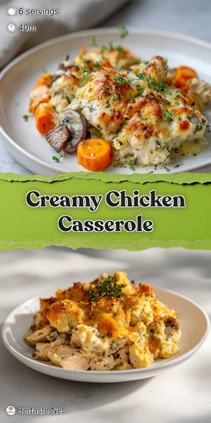 Close-up of creamy chicken casserole, highlighting the tender chicken pieces and bubbling sauce with hints of herbs and cr...