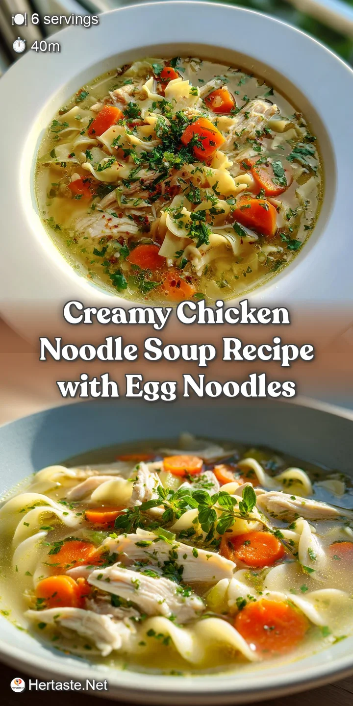 Close-up of glistening, plump noodles and shredded chicken in a rich, creamy broth, showing textural depth of the soup.