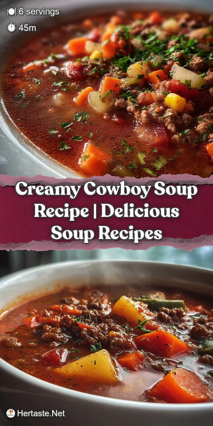 Close-up of cowboy soup showcasing its rich, creamy texture, chunks of beef, and vibrant vegetables, promising a flavorful...