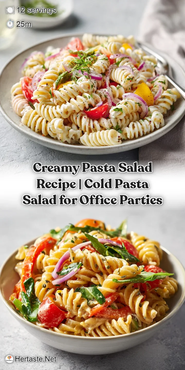 Close-up of tender pasta spirals coated in a rich, creamy sauce studded with diced vegetables and herbs.