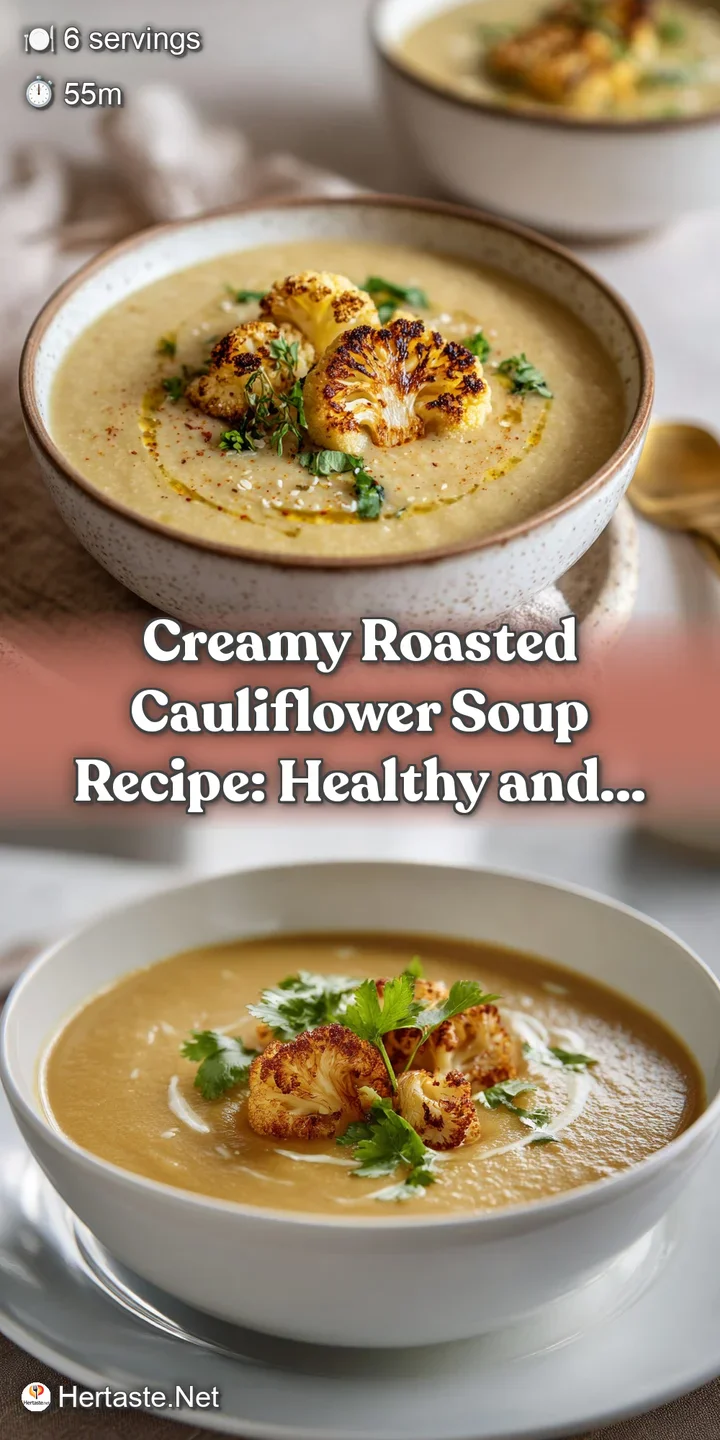 Close-up shows the glossy sheen of creamy cauliflower soup, hinting at its smooth texture and savory, comforting warmth. S...