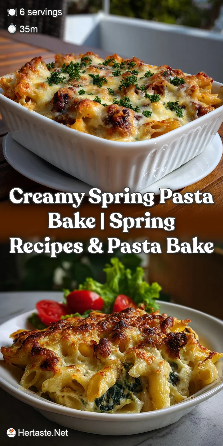 Close-up of a creamy pasta bake, the crisp topping contrasting with the tender pasta and colorful spring vegetables.