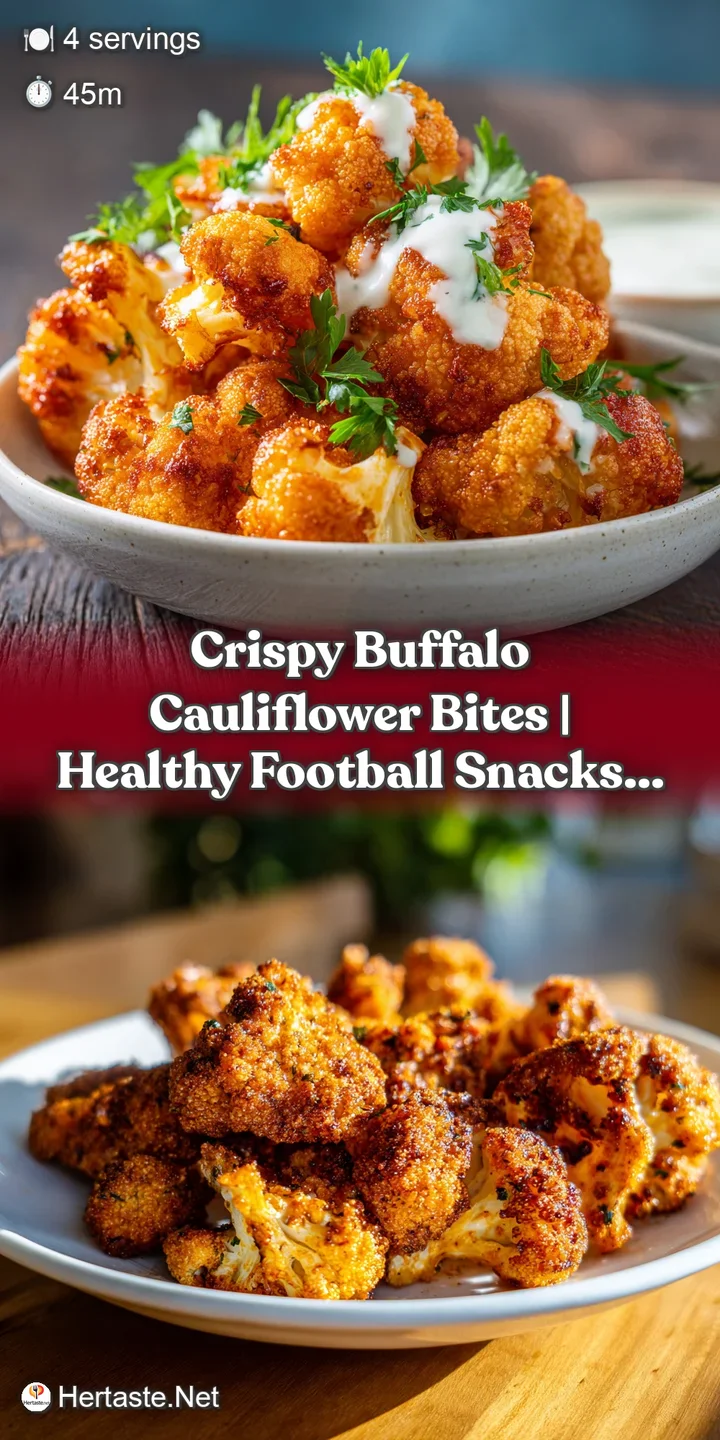 Close-up shows the texture of crispy, spicy buffalo cauliflower. The bright orange color practically jumps off the screen.