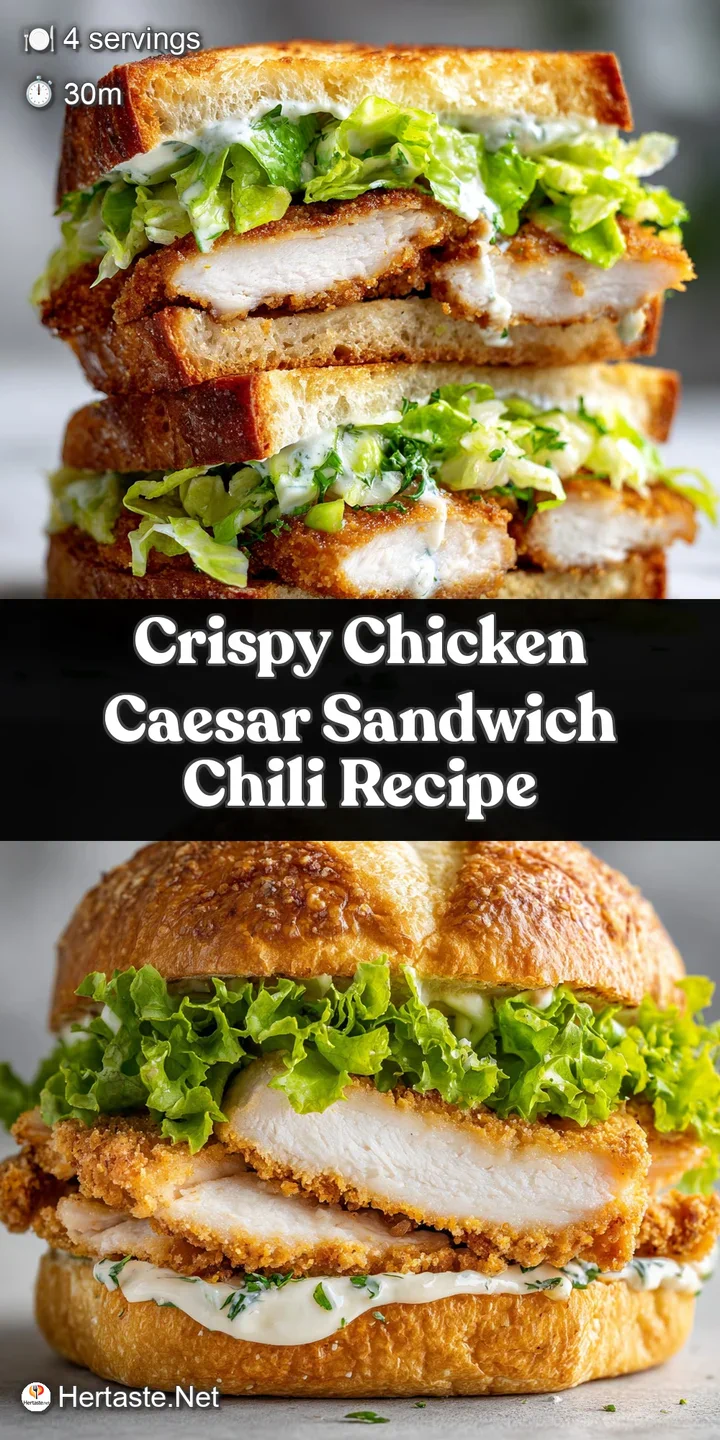 Close-up of a chicken Caesar sandwich, showcasing golden-brown crust, crisp lettuce, and a dripping creamy sauce, plus bri...