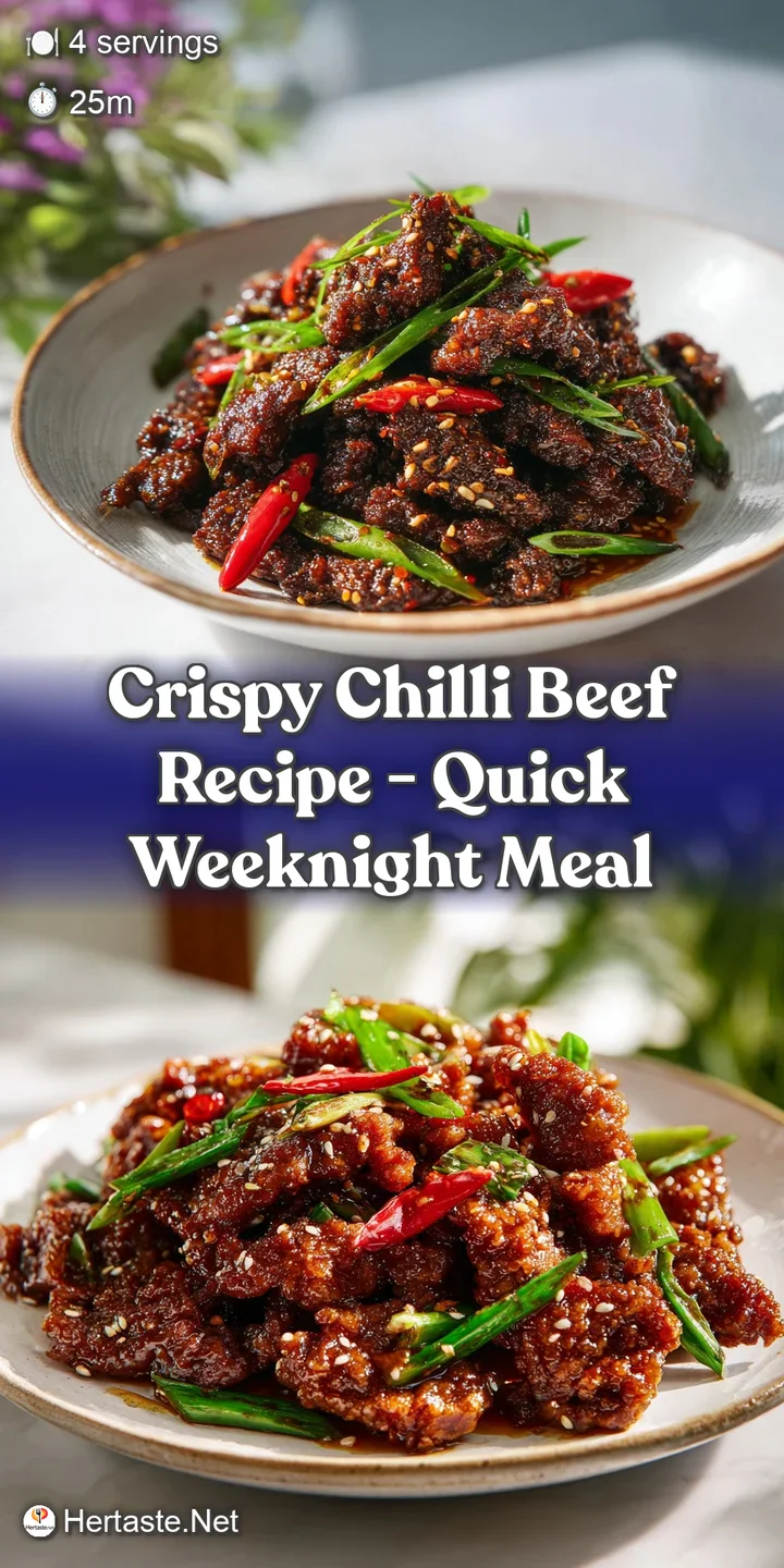 Close-up captures the glossy, textured surface of the chilli beef, dusted with sesame seeds and chopped scallions for visu...