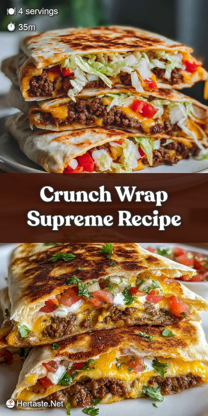 Close-up of a toasted crunchwrap. Note the warm tones, and vibrant colors, oozing sauce, and perfect crispy texture of the...