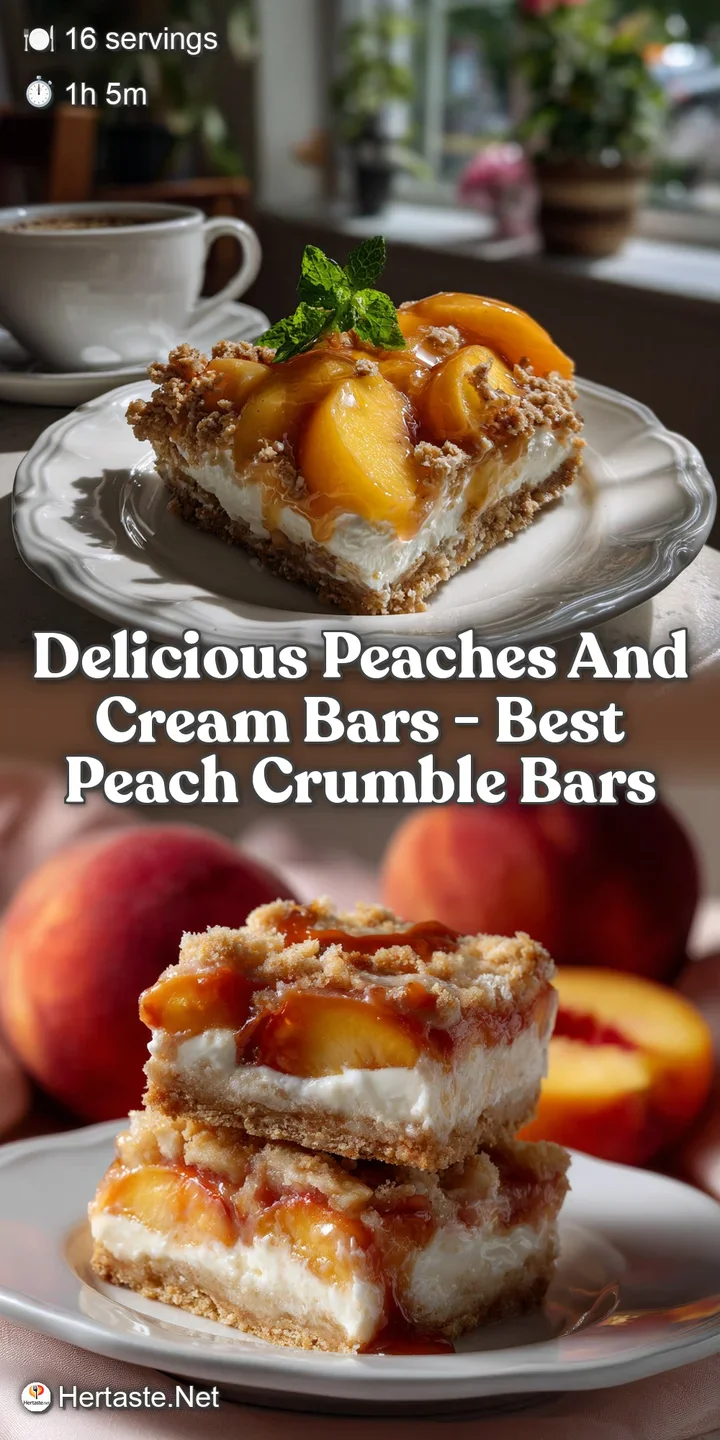Close-up view of a peach and cream bar. The velvety filling is a pale peach color, contrasting the flaky, golden crust, a ...