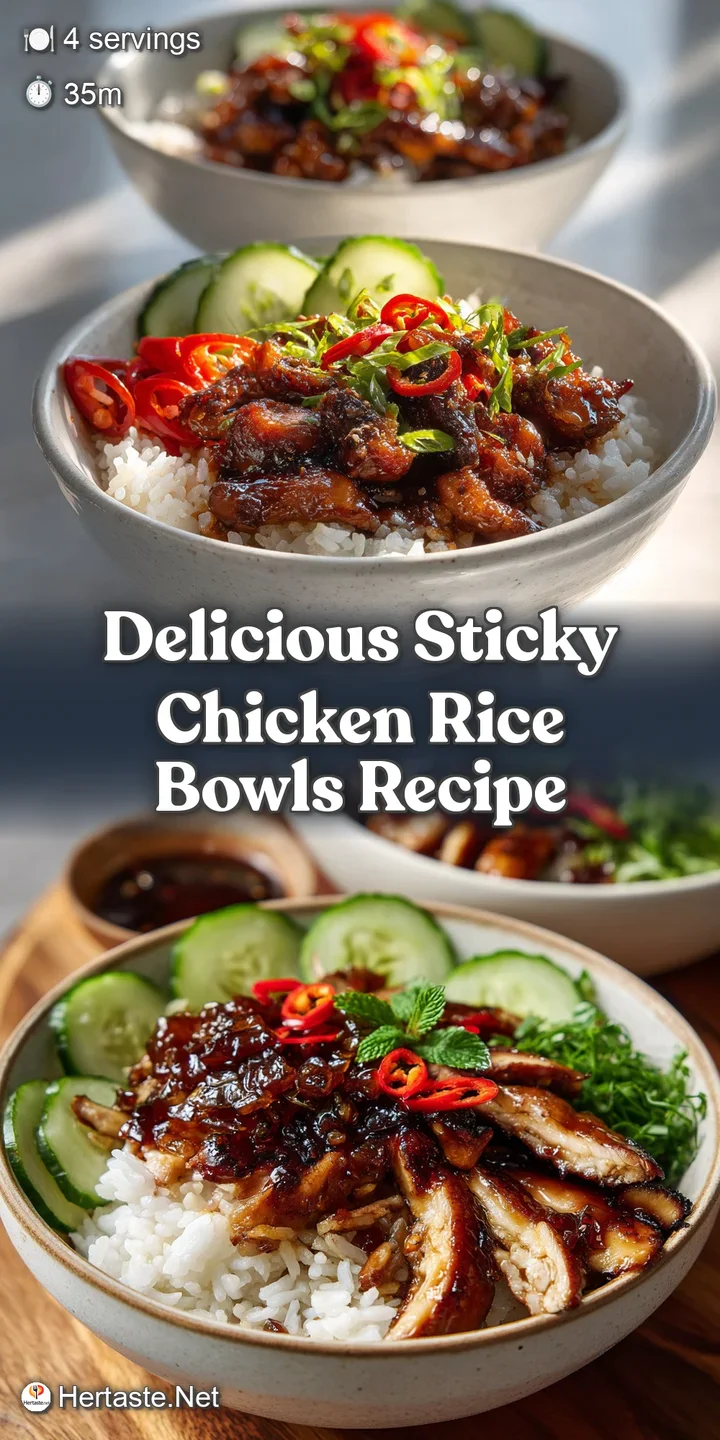 Close-up of glistening, sticky chicken showcasing a flavorful glaze, nestled among fluffy rice and garnished with fresh sc...