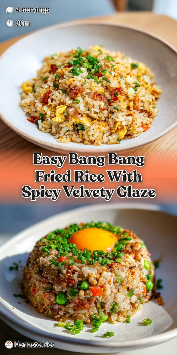 Close-up of glistening fried rice and crispy chicken, the creamy sauce creating a mouthwatering, textured surface with gre...