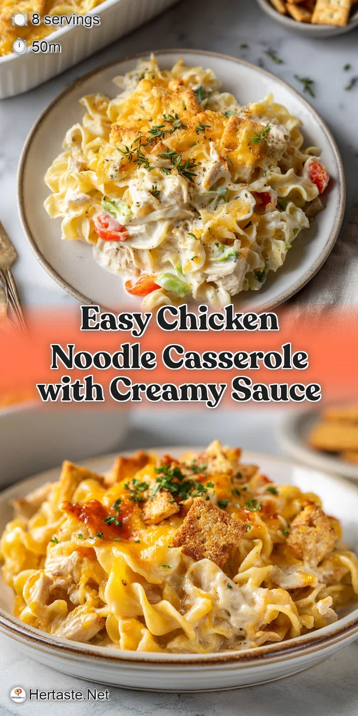 Close-up of a creamy, steaming chicken noodle casserole with visible egg noodles, tender chicken, and a bubbling golden cr...