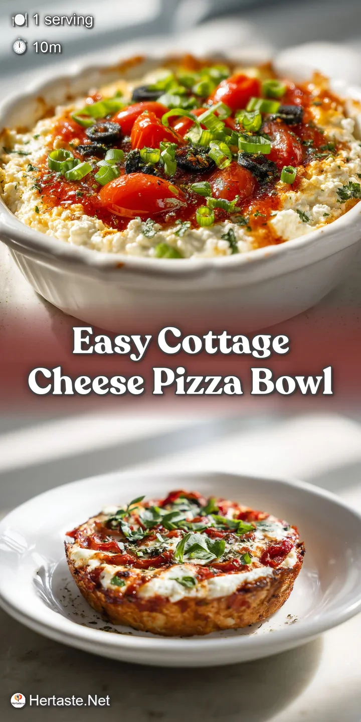 Bold, colorful pizza bowl brimming with toppings. The creamy cottage cheese peeks through the bright red sauce. Delicious ...