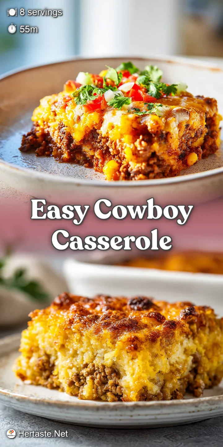 Close-up of cowboy casserole: melted cheese stretches over savory ground beef, corn, and a golden crust of crispy tater tots.