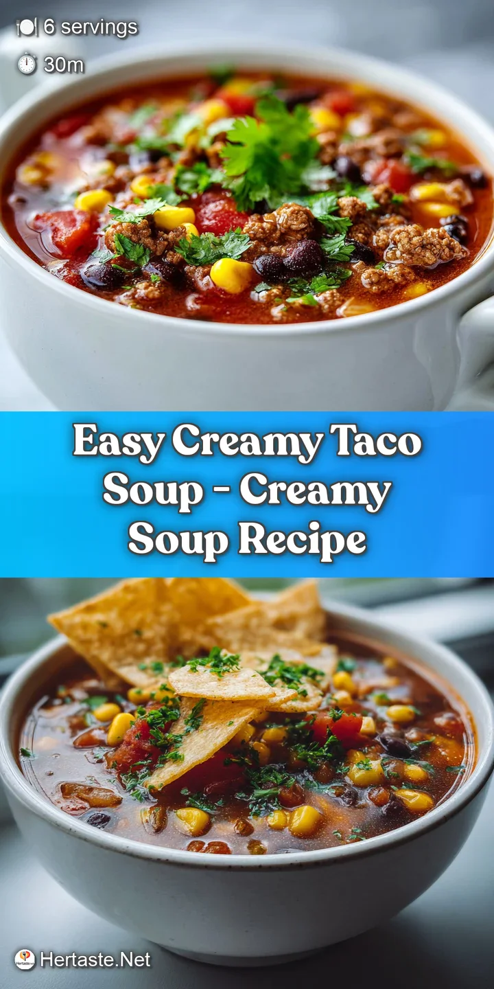 Close-up view of hearty taco soup showcasing the rich broth, tender beef, and colorful blend of corn and beans.