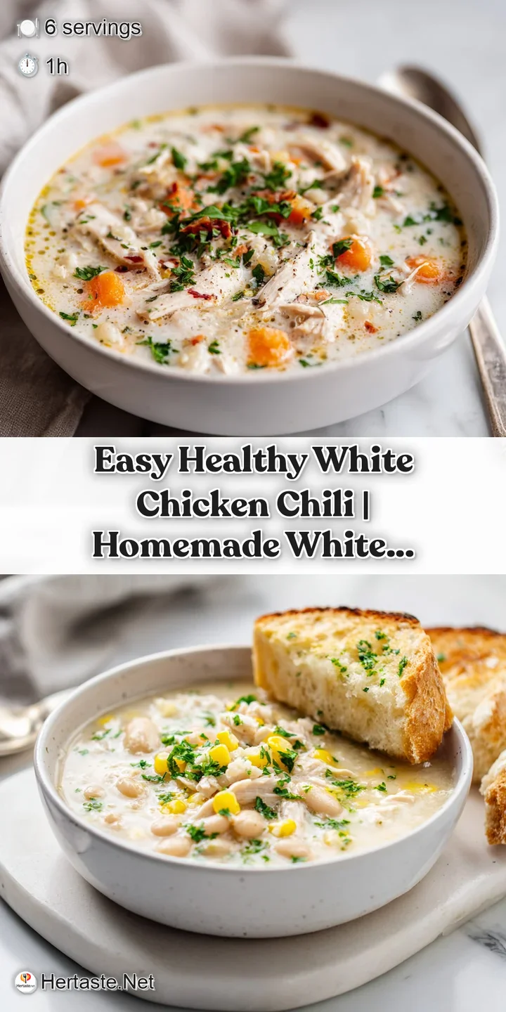 Close-up of tender white chicken and creamy white bean chili, with flecks of bright green jalape&ntilde;o and cilantro.