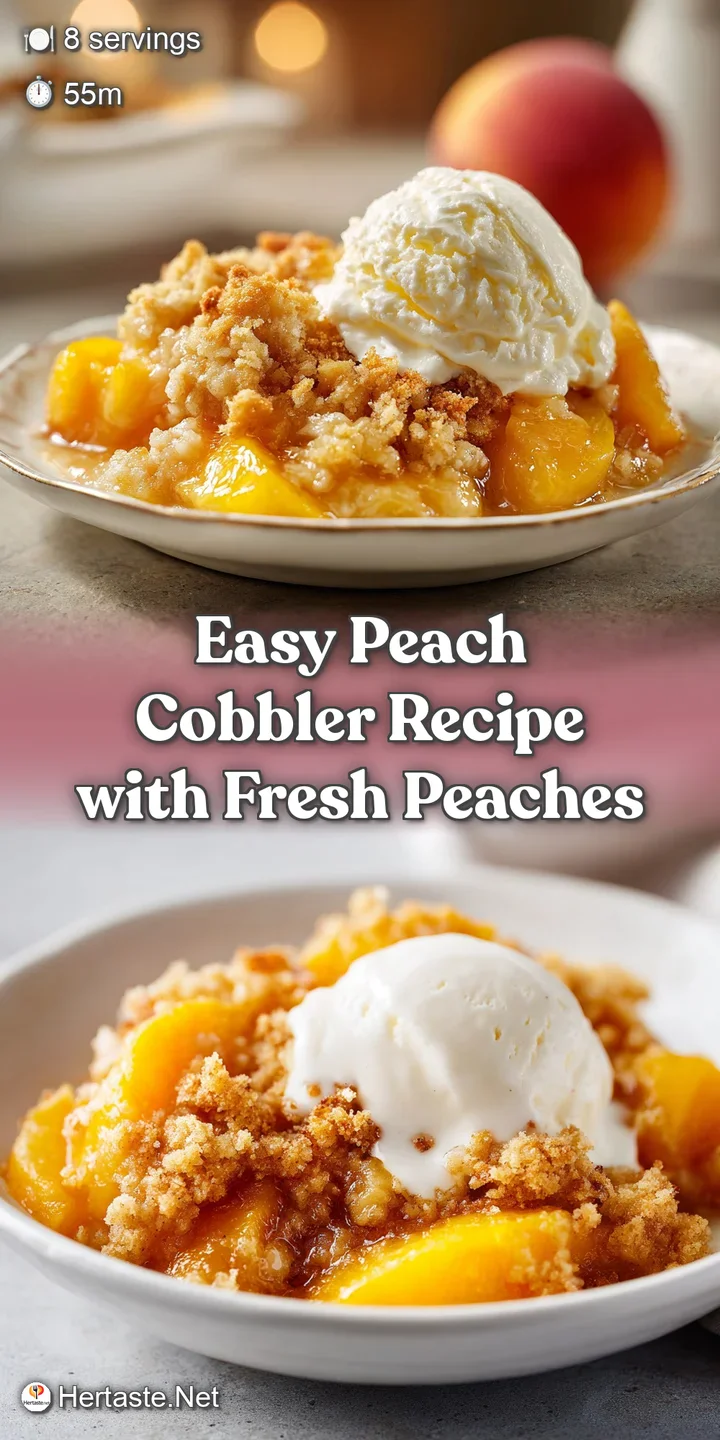 Close-up of a freshly baked peach cobbler: Flaky, golden crust with a glimpse of the soft, bubbling peaches within, ready ...