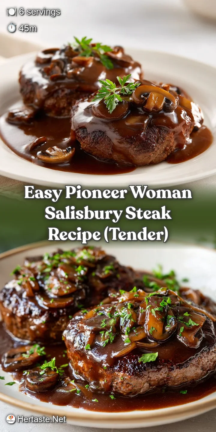 Close-up of a juicy, browned meat patty with shimmering savory gravy and tender mushroom slices on top.