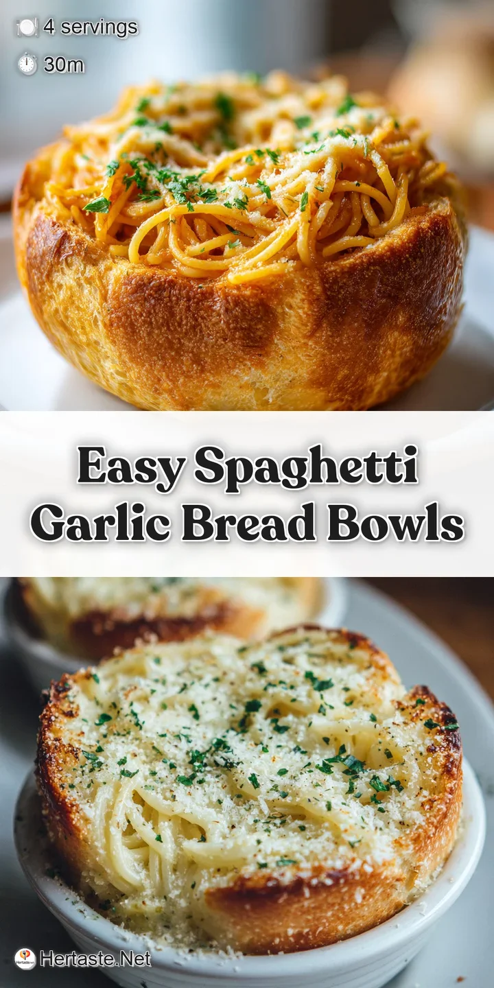 Close-up capturing the rich, textured surface of the spaghetti, nestled in a crusty, golden garlic bread bowl.