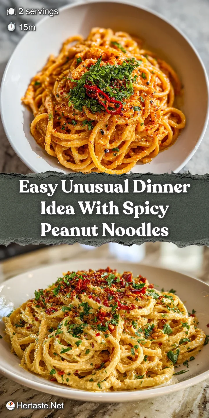 Close-up of spicy peanut pasta showing the rich, glossy sauce clinging to the noodles, speckled with red chili flakes and ...