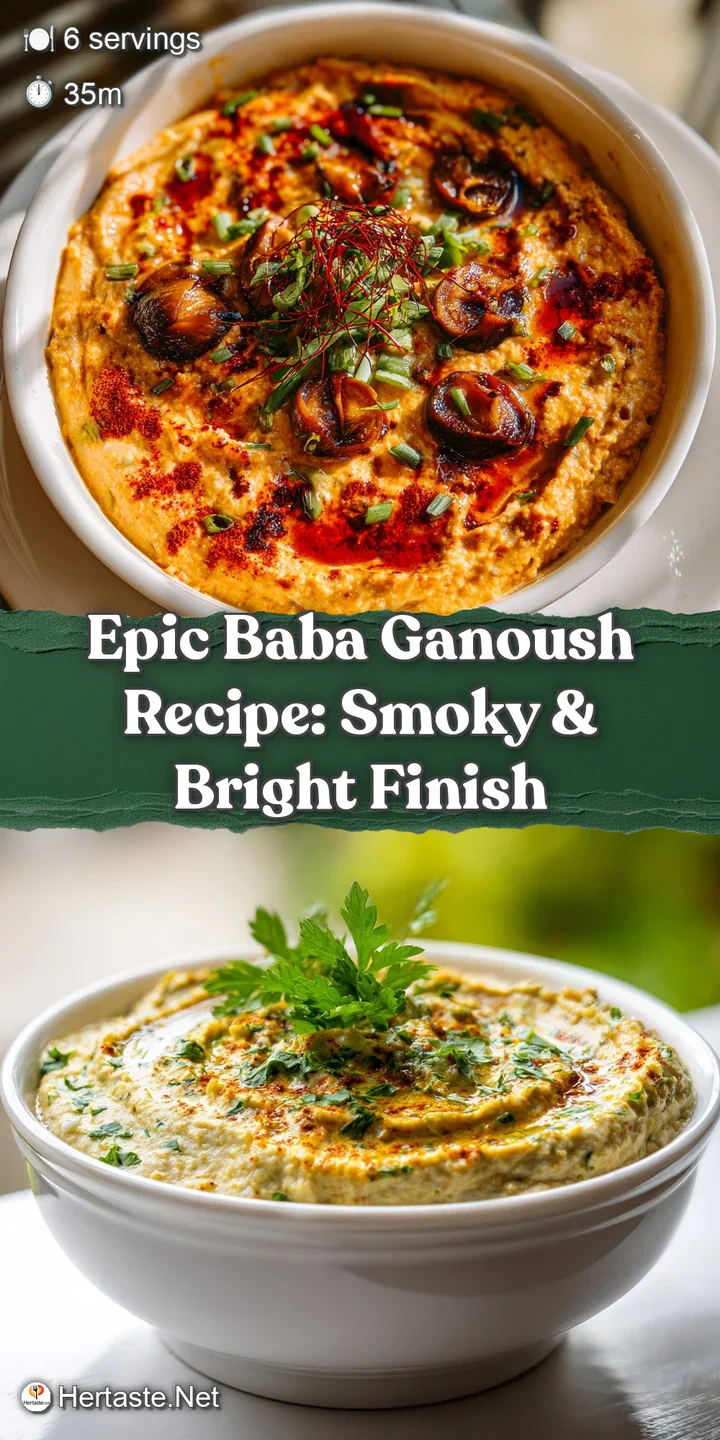 Close-up of baba ganoush, its smoky texture visible, glistening under the light with a generous pour of rich, green olive ...