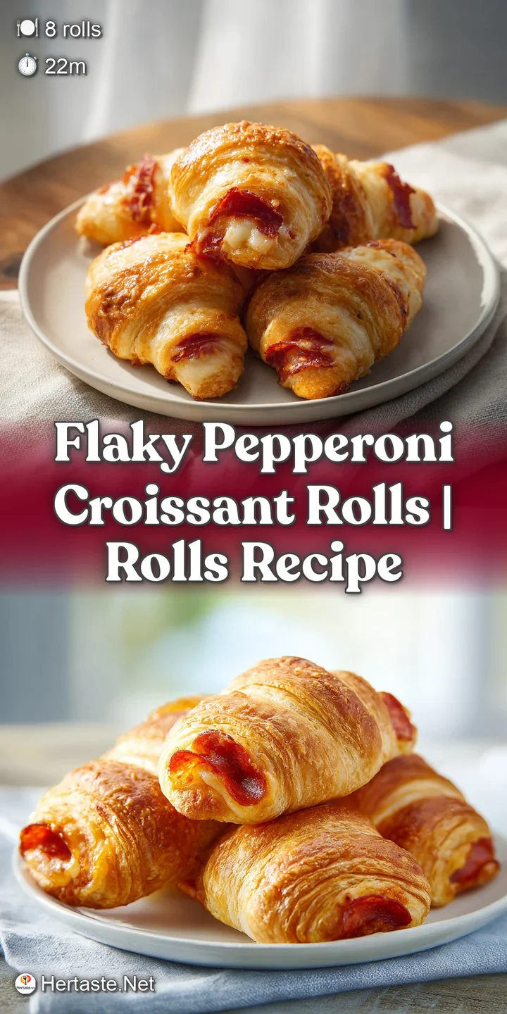 Close-up of a warm, golden-brown pepperoni croissant roll, revealing layers of melted cheese and savory pepperoni slices, ...