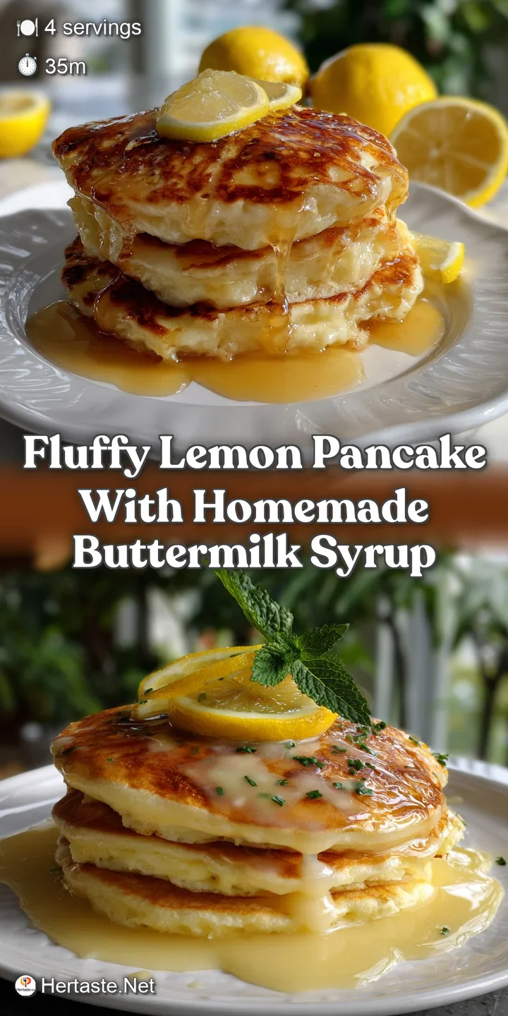 Close-up of a pancake's airy texture, saturated with golden syrup. The lemon zest glistens, promising a tangy burst of fla...