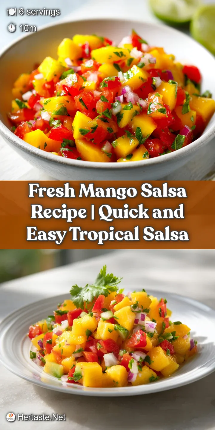 Close-up of fresh mango salsa with glistening diced mango, red onion, and cilantro creating a juicy, irresistible burst of...