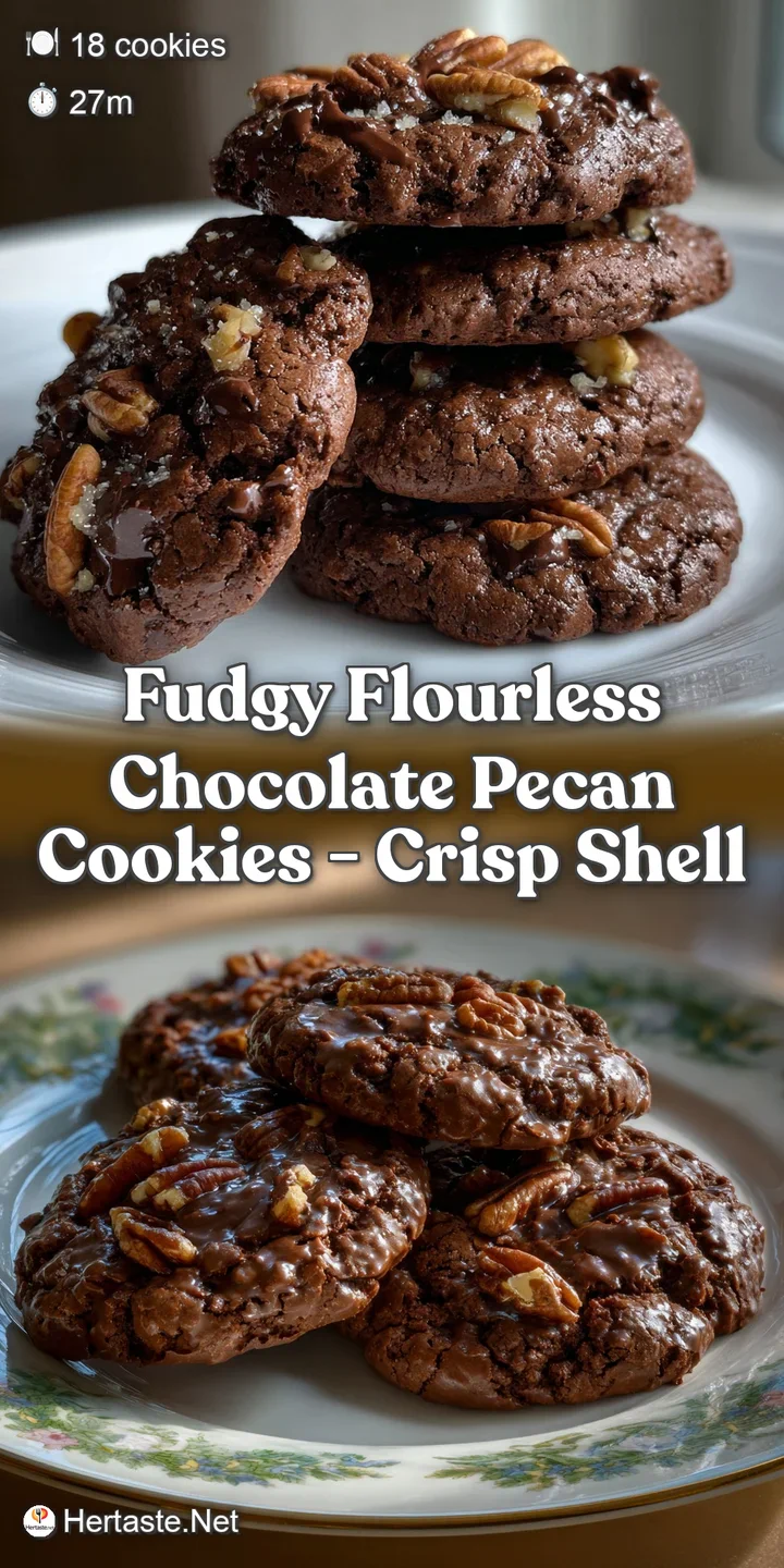 Close-up of a single cookie revealing a soft, fudgy center and crisp edges. Pecans offer a beautiful textural contrast to ...