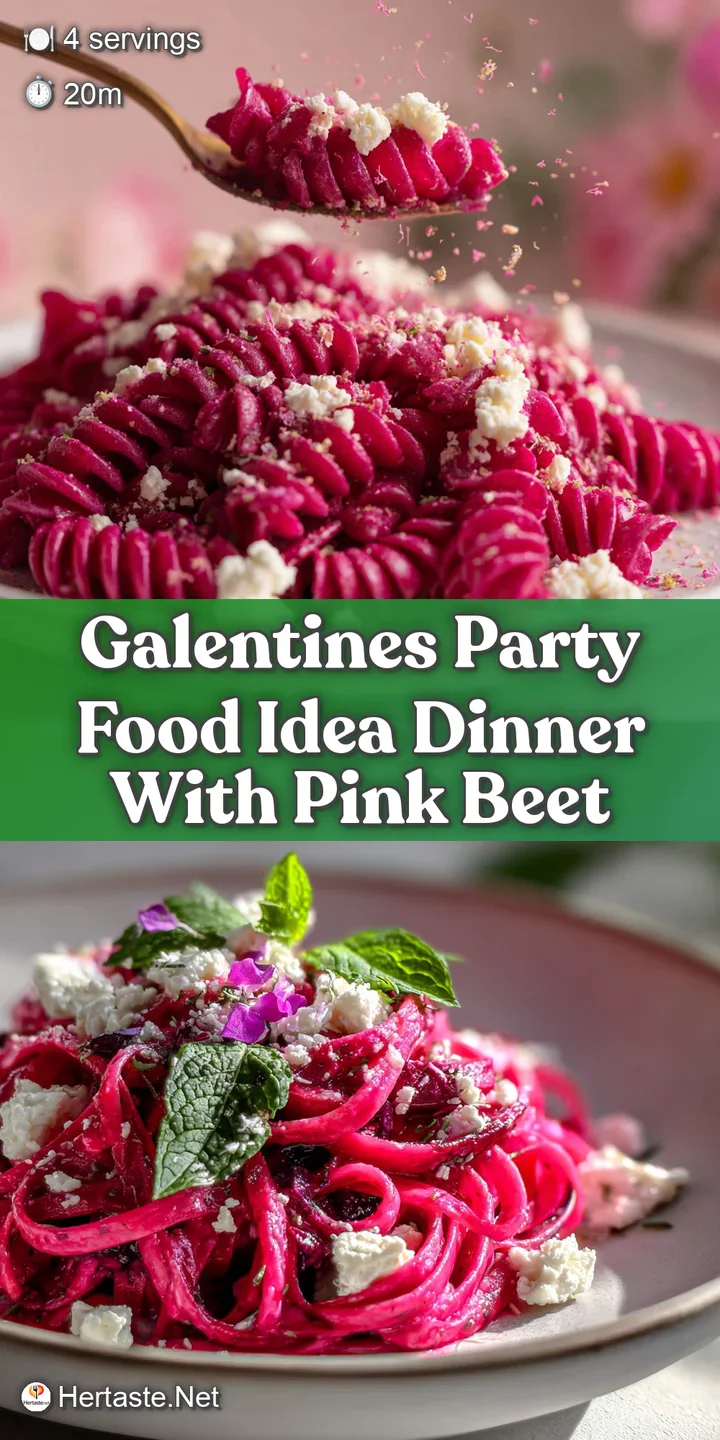 Close-up of glossy pink beet pasta, catching the light. Fresh herbs and a vibrant sauce create a mouthwatering composition.