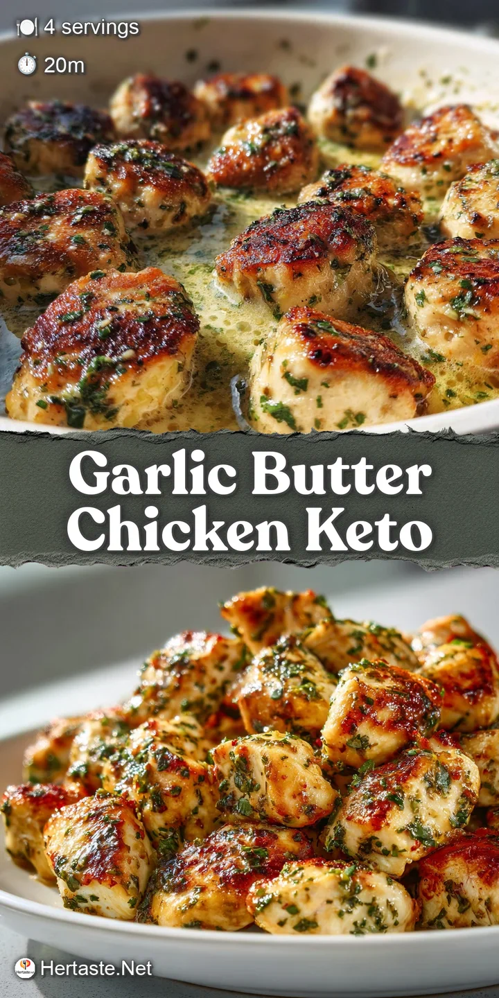 Close-up showcases the juicy, browned chicken skin and rich, glistening garlic butter sauce. A tempting, flavorful keto di...