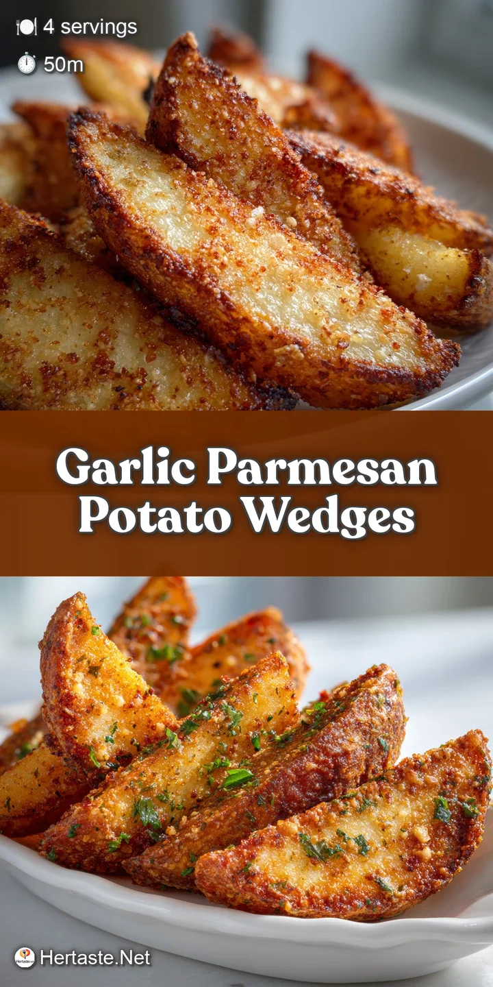 Close-up of garlic parmesan potato wedges. Crispy exterior, soft fluffy interior, glistening with oil, herbs sprinkled on ...