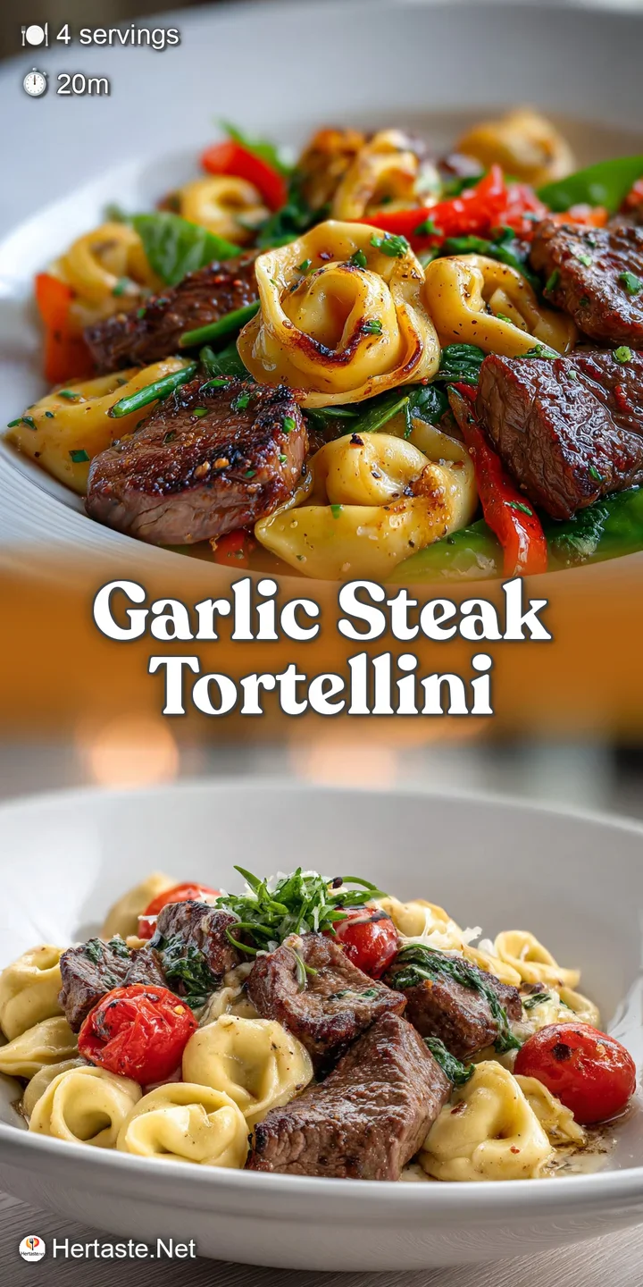 Close-up of glistening garlic steak tortellini; rich sauce and herbs add visual appeal. Tender beef looks delicious.