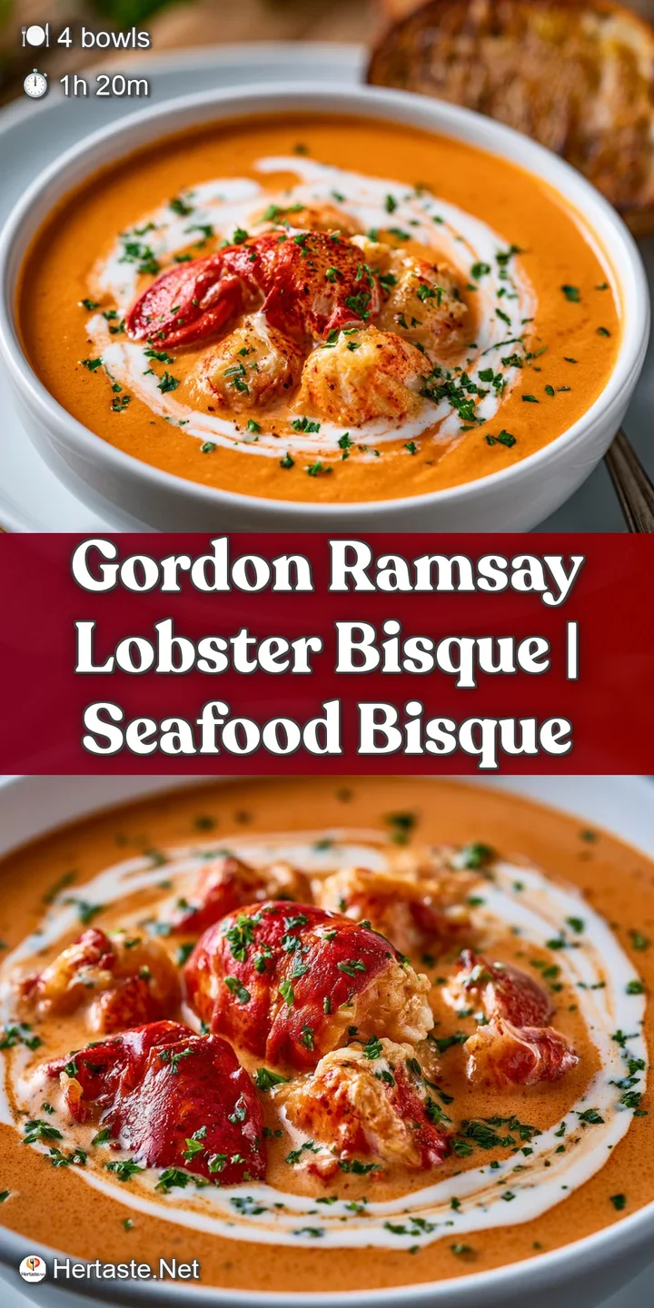 Extreme close-up of a creamy, vibrant orange bisque topped with a dollop of cream and a tender piece of lobster.