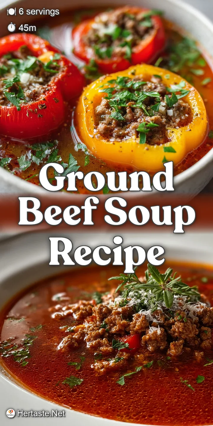 Close-up of glistening ground beef and tender rice mingling with bits of colorful pepper in a spoonful of savory soup.