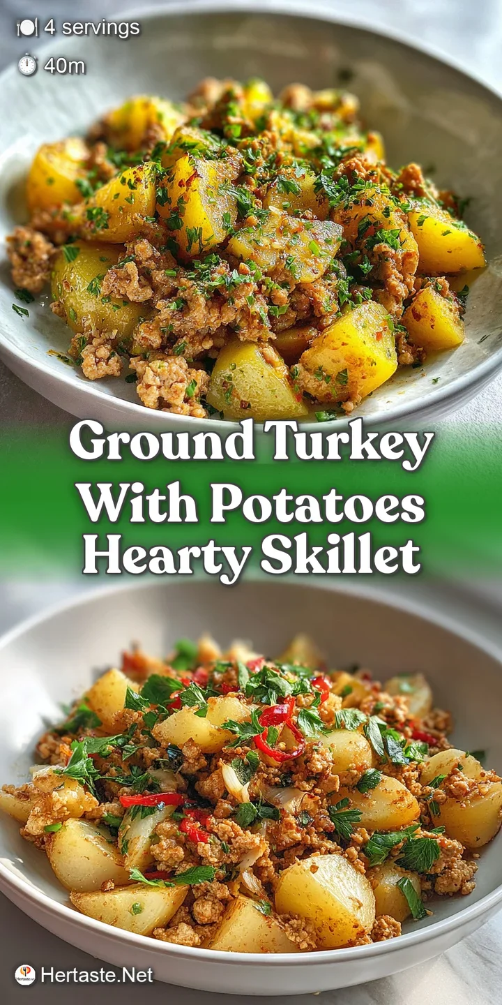 Close-up of pan-seared ground turkey and potatoes. Richly browned bits, enticing garlic aroma jumps off the screen. Delici...